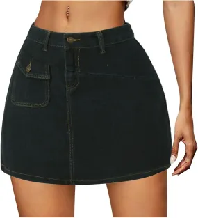 Women's Button Down High Waisted A Line Jean Stretchy Mini Denim Skirt Front Short Pencil Skirt with Pockets