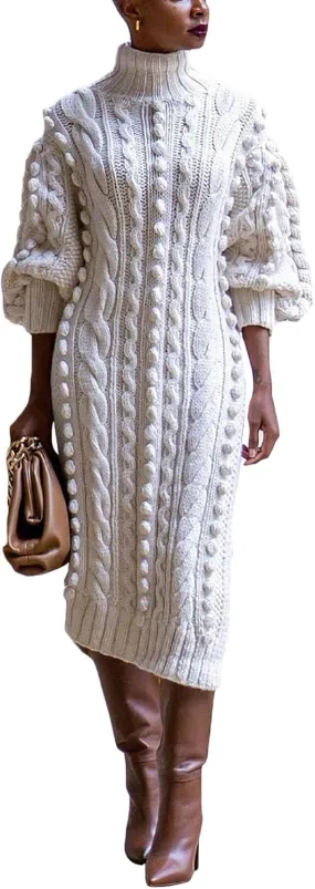 Women's Cable Knit Sweater Midi Dress Turtleneck Long Sleeve Loose Tunic Plus Size Split Sweater Dresses for Fall