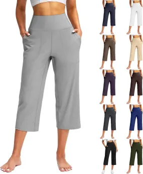 Womens Capri Yoga Pants Casual Cropped Wide Leg Lounge Pants with Pockets Stretchy Gym Tummy Control Workout Leggings