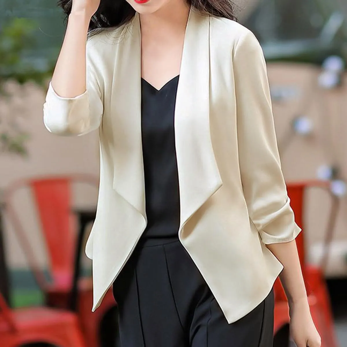 Womens Casual Blazer Lightweight 3/4 Sleeves Short Open Front Office Jacket