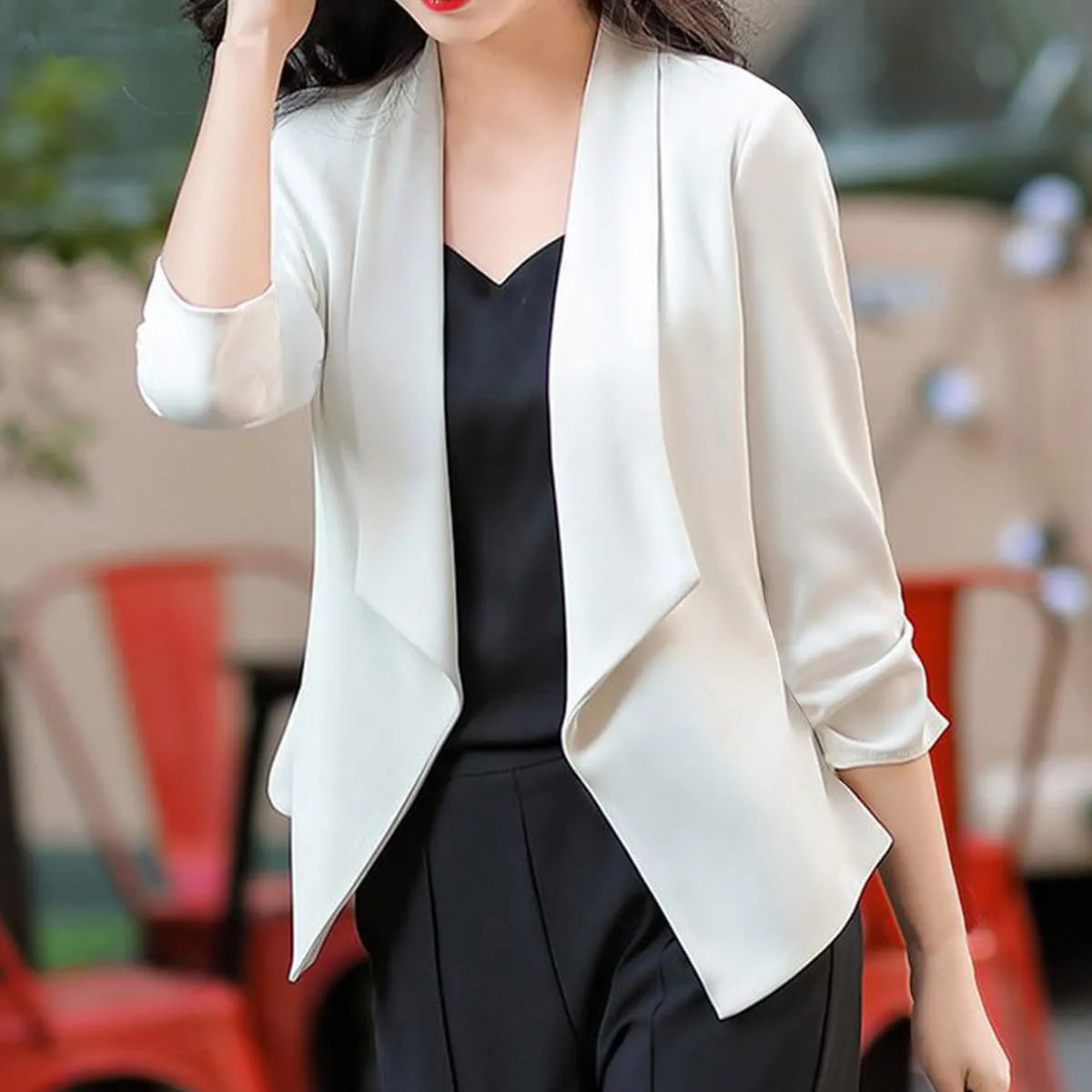Womens Casual Blazer Lightweight 3/4 Sleeves Short Open Front Office Jacket