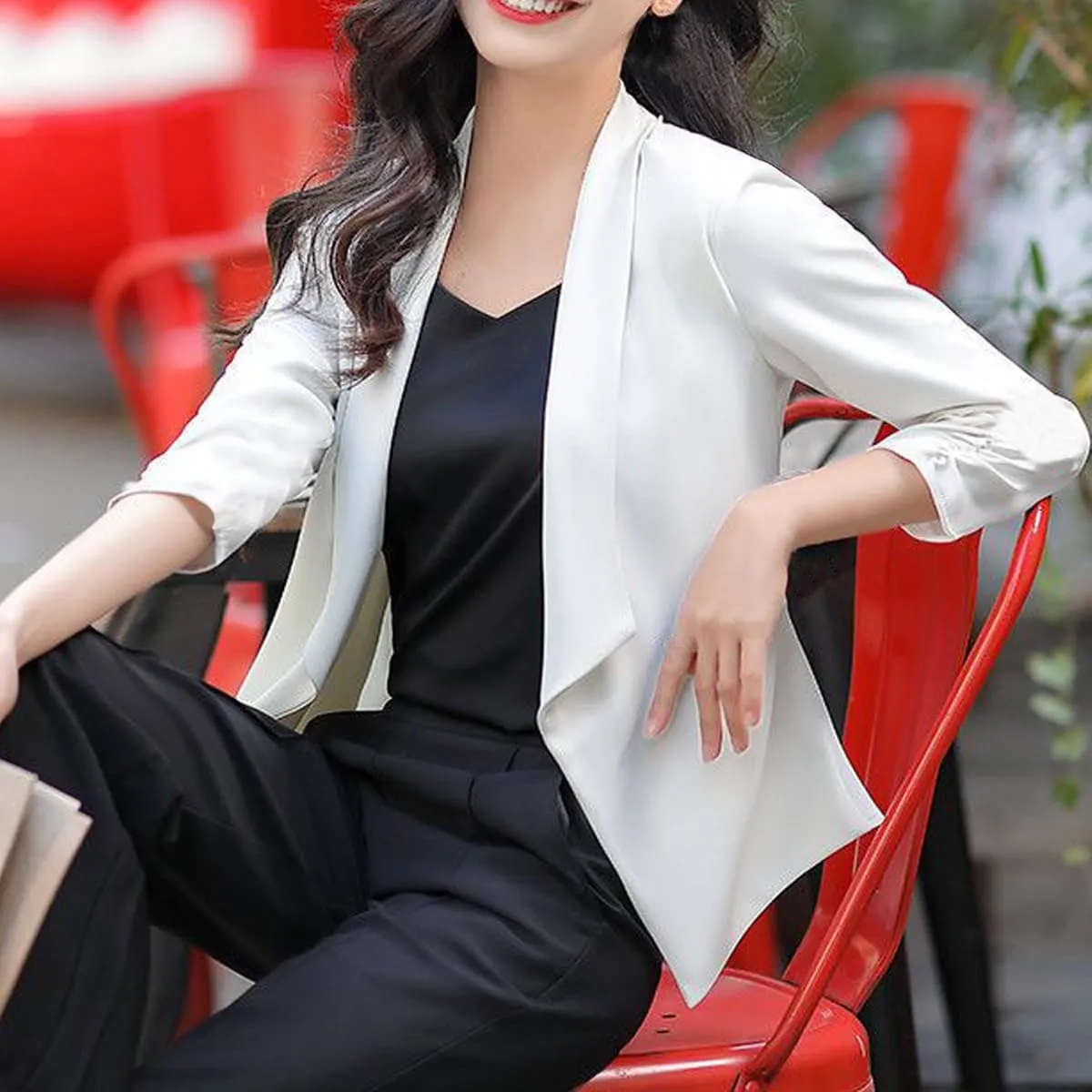 Womens Casual Blazer Lightweight 3/4 Sleeves Short Open Front Office Jacket