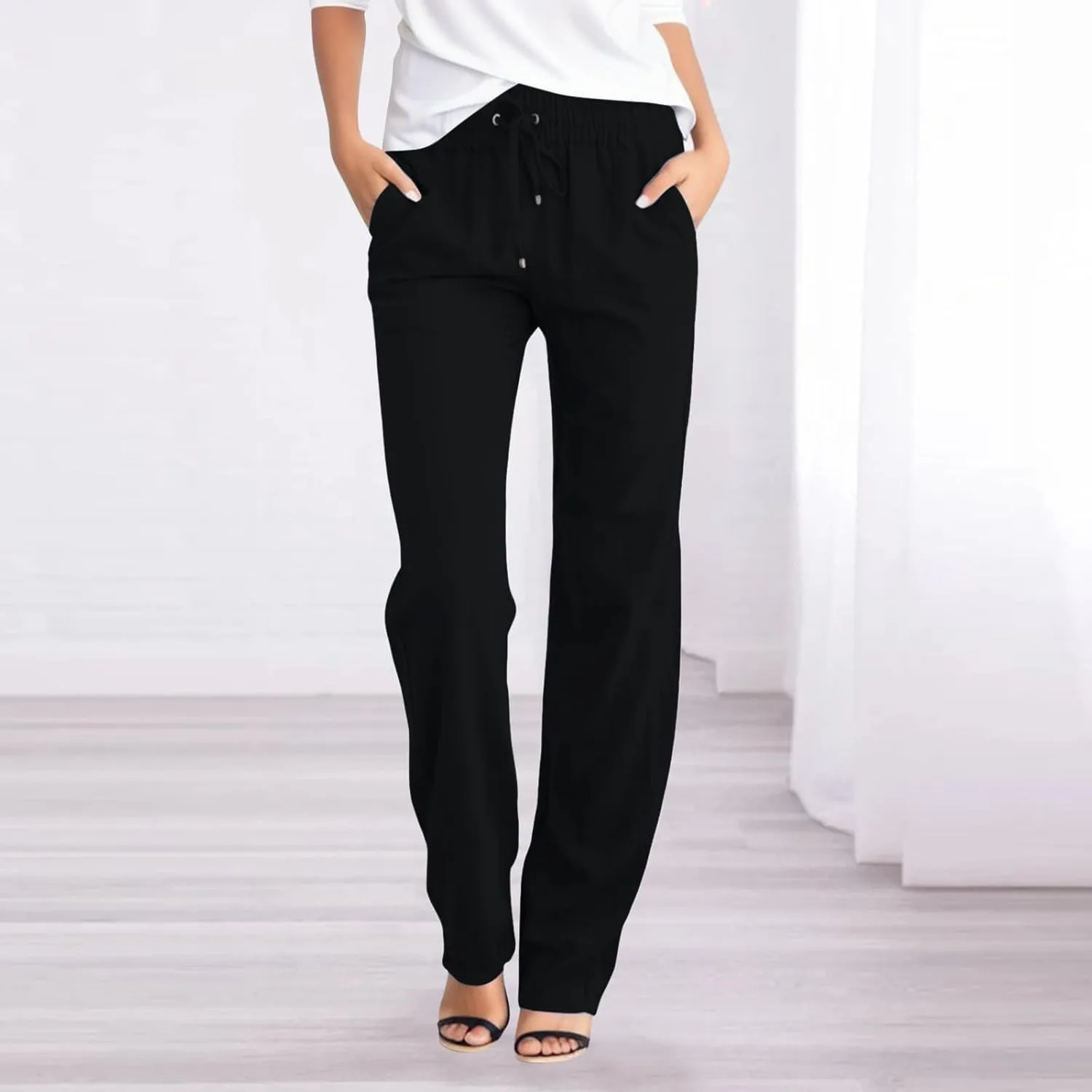 Womens Casual Cotton Linen Pants Lightweight Summer Relax Fit Elastic Waist Plus Size Solid Long Trousers
