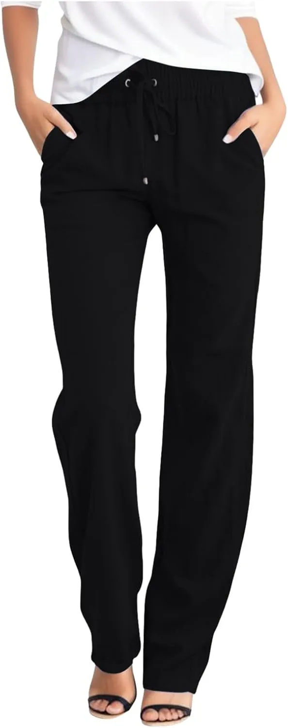Womens Casual Cotton Linen Pants Lightweight Summer Relax Fit Elastic Waist Plus Size Solid Long Trousers
