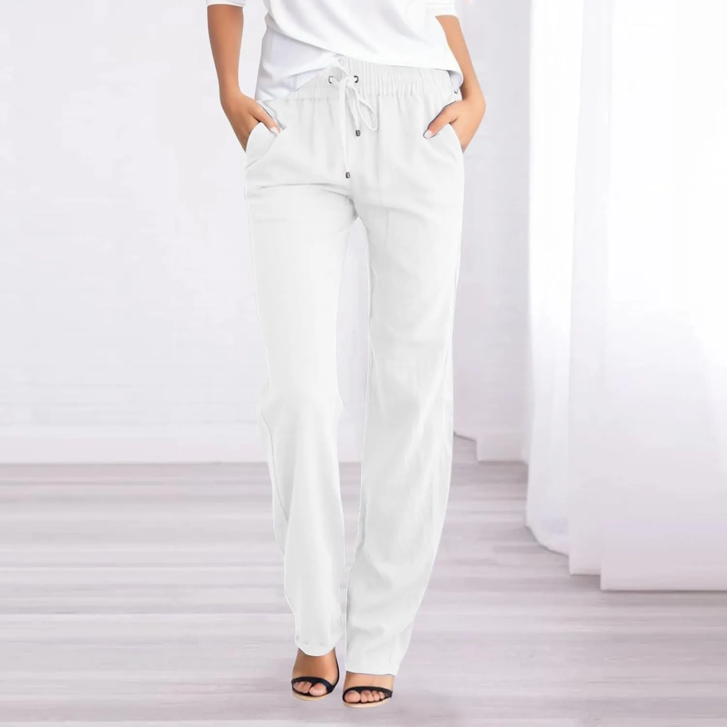 Womens Casual Cotton Linen Pants Lightweight Summer Relax Fit Elastic Waist Plus Size Solid Long Trousers