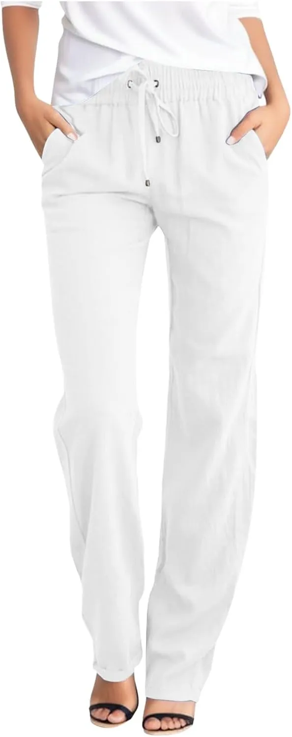 Womens Casual Cotton Linen Pants Lightweight Summer Relax Fit Elastic Waist Plus Size Solid Long Trousers