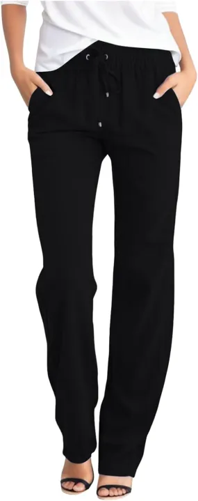 Womens Casual Cotton Linen Pants Lightweight Summer Relax Fit Elastic Waist Plus Size Solid Long Trousers