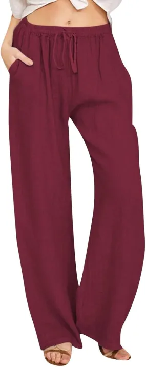 Womens Casual Cotton Linen Pants Loose Lightweight Relax Summer Pants Drawstring Waist Baggy Solid Lounge Trousers