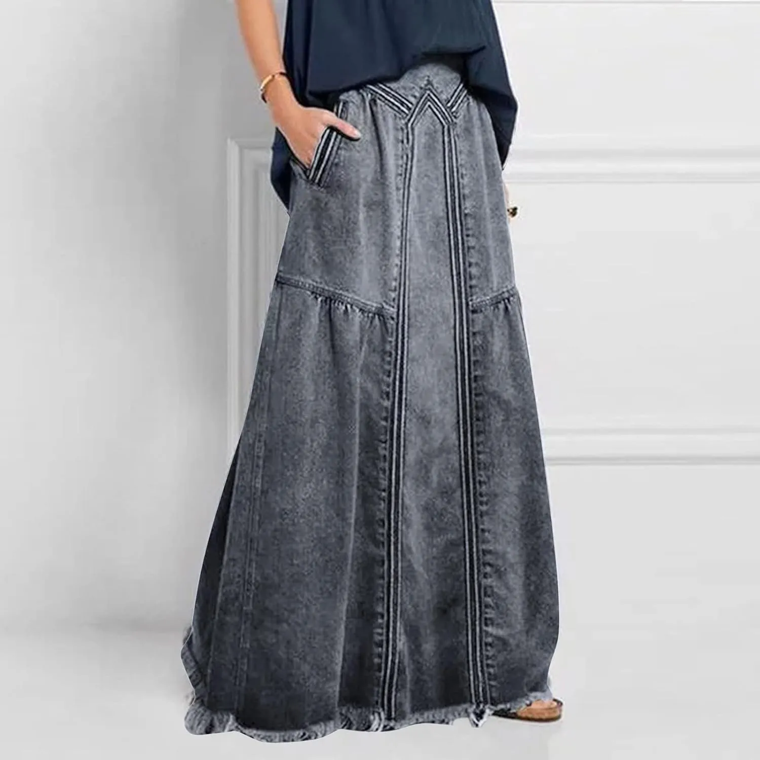 Women's Casual High Waist Denim Skirt Slim Fit A Line Jean Skirt Loose Pull On Maxi Skirt with Pockets