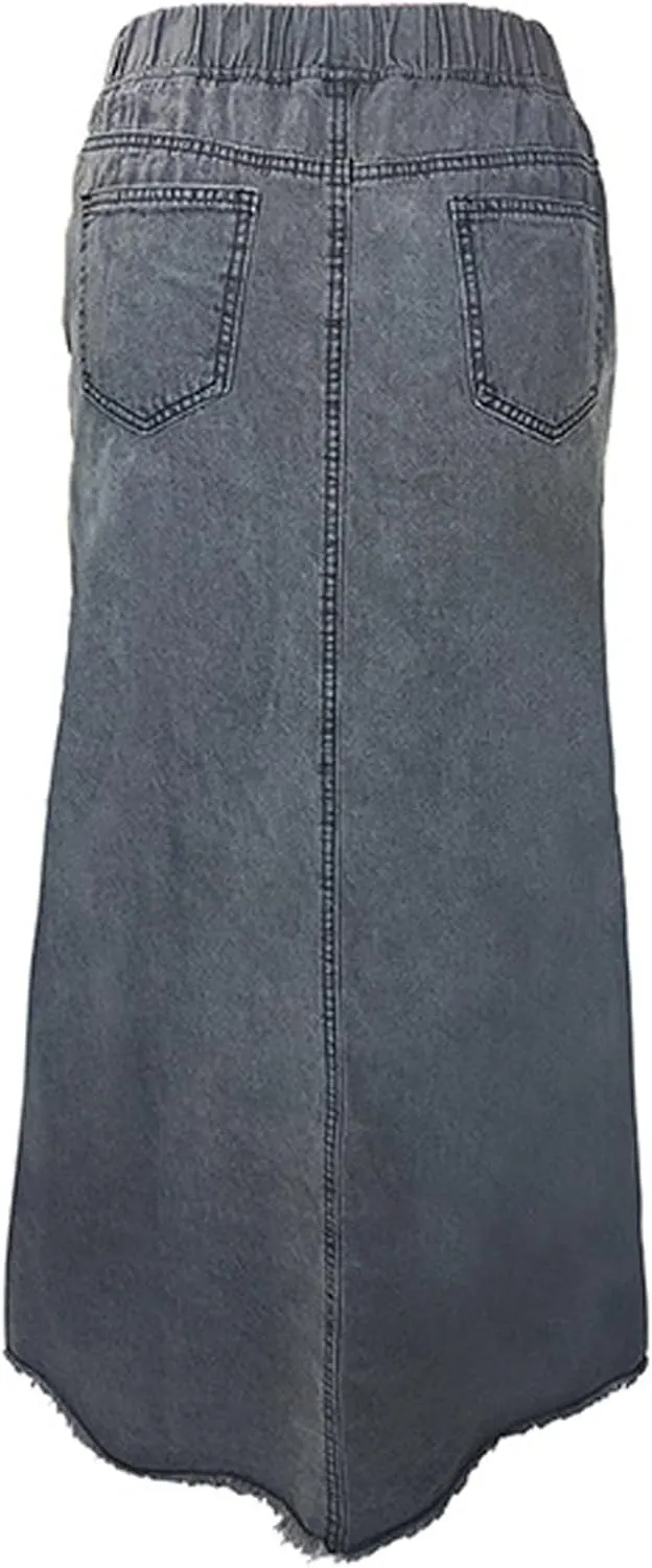 Women's Casual High Waist Denim Skirt Slim Fit A Line Jean Skirt Loose Pull On Maxi Skirt with Pockets