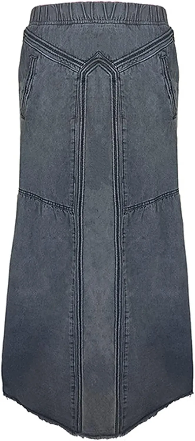 Women's Casual High Waist Denim Skirt Slim Fit A Line Jean Skirt Loose Pull On Maxi Skirt with Pockets