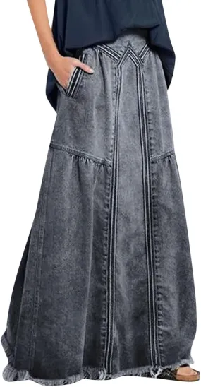 Women's Casual High Waist Denim Skirt Slim Fit A Line Jean Skirt Loose Pull On Maxi Skirt with Pockets