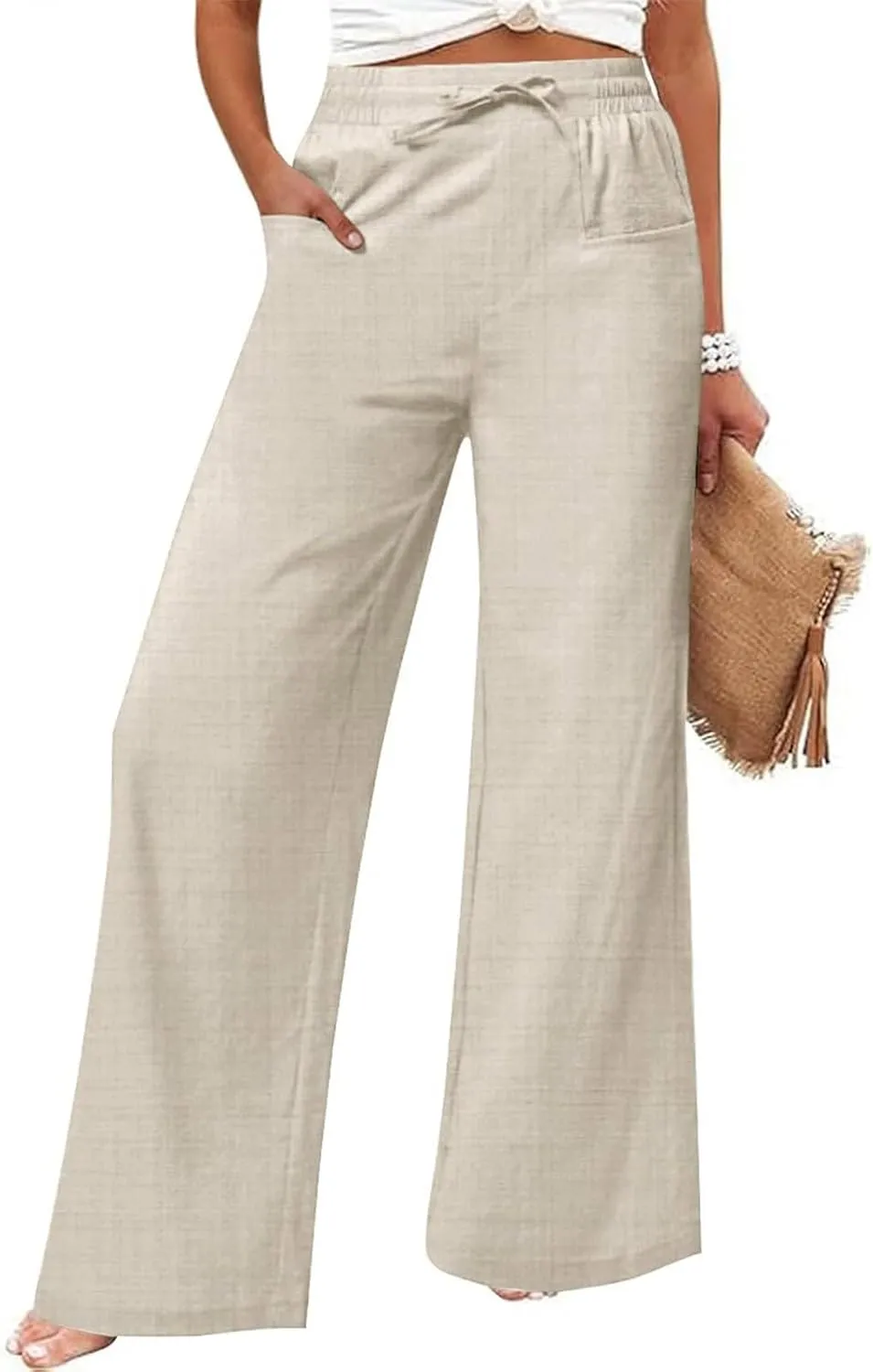 Womens Casual Linen High Waist Pants Wide Leg Drawstring Loose Fit Summer Pants Vacation Trousers with Side Pockets
