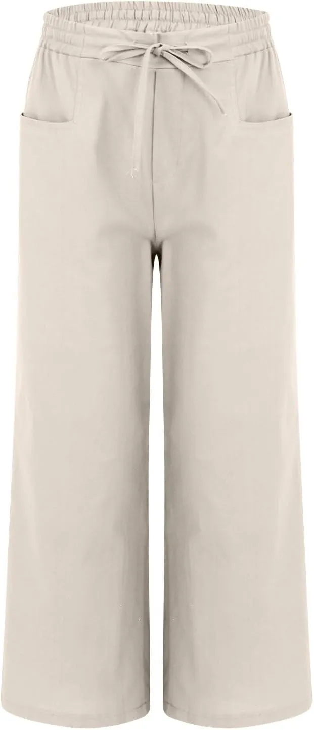 Womens Casual Linen High Waist Pants Wide Leg Drawstring Loose Fit Summer Pants Vacation Trousers with Side Pockets