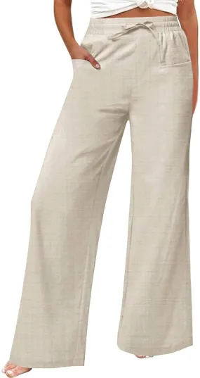 Womens Casual Linen High Waist Pants Wide Leg Drawstring Loose Fit Summer Pants Vacation Trousers with Side Pockets