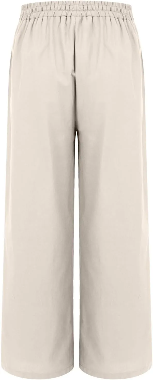 Womens Casual Linen High Waist Pants Wide Leg Drawstring Loose Fit Summer Pants Vacation Trousers with Side Pockets