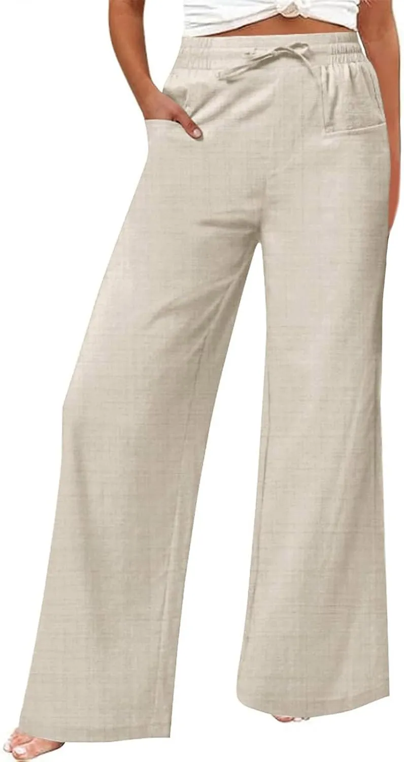 Womens Casual Linen High Waist Pants Wide Leg Drawstring Loose Fit Summer Pants Vacation Trousers with Side Pockets