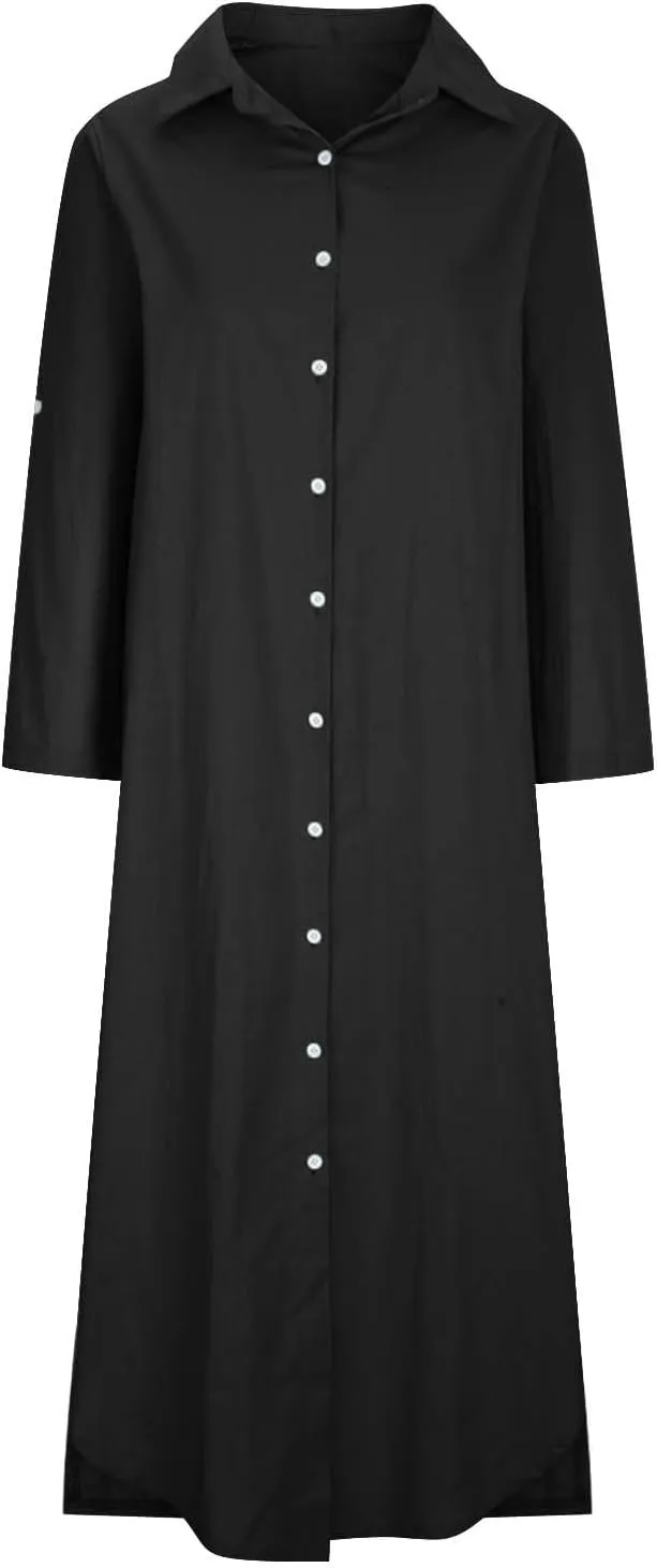 Womens Casual Long Sleeve Button Down Dress Loose Cotton Linen Maxi Shirt Dress Plus Size Flowy Summer Beach Long Dress