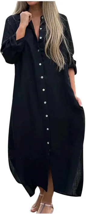 Womens Casual Long Sleeve Button Down Dress Loose Cotton Linen Maxi Shirt Dress Plus Size Flowy Summer Beach Long Dress