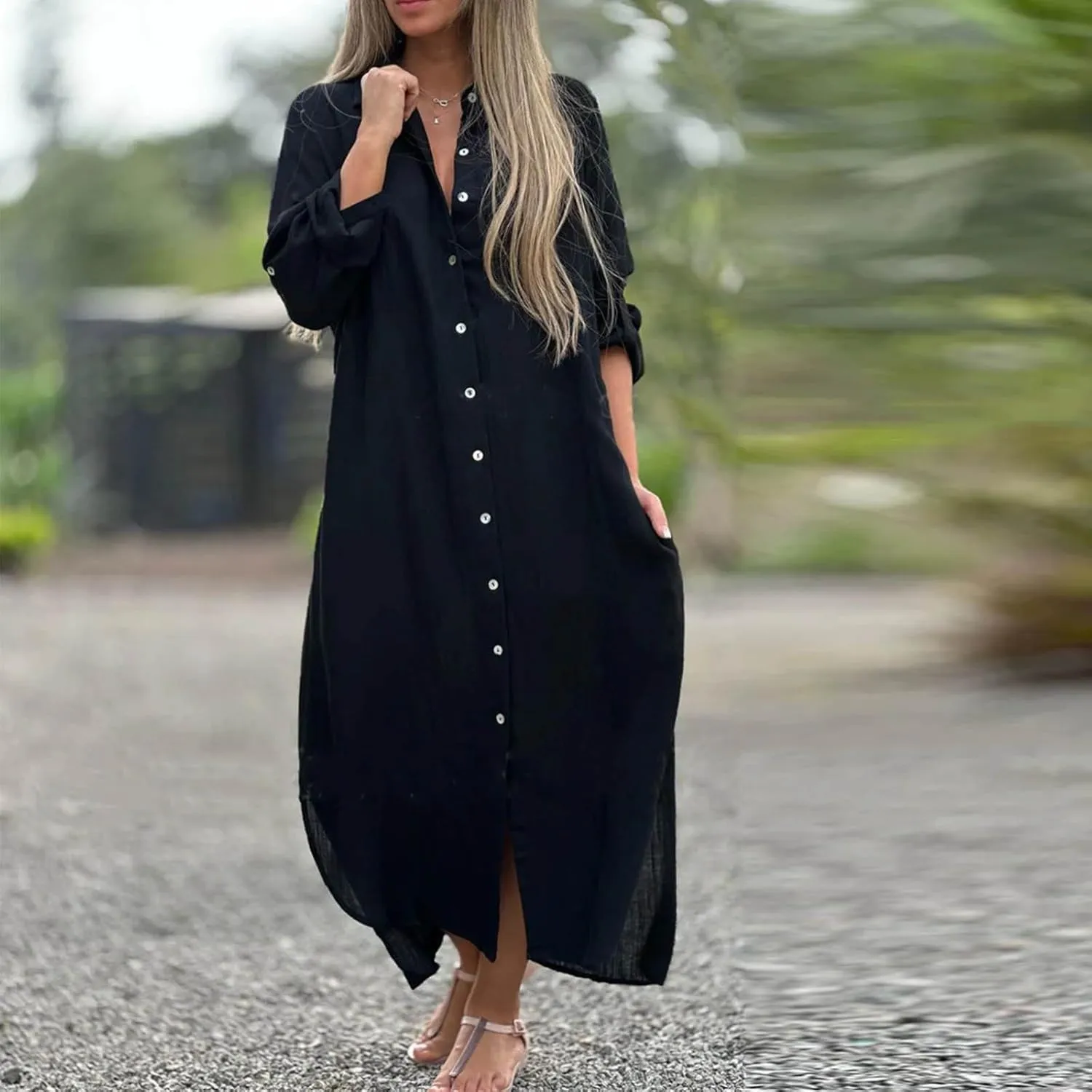 Womens Casual Long Sleeve Button Down Dress Loose Cotton Linen Maxi Shirt Dress Plus Size Flowy Summer Beach Long Dress