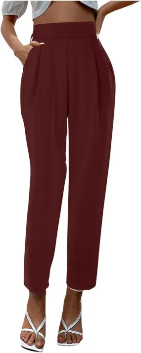 Womens Casual Pants High Waisted Satin Silk Stretchy Loose Office Slacks Wide Leg Lounge Work Trousers with Pockets