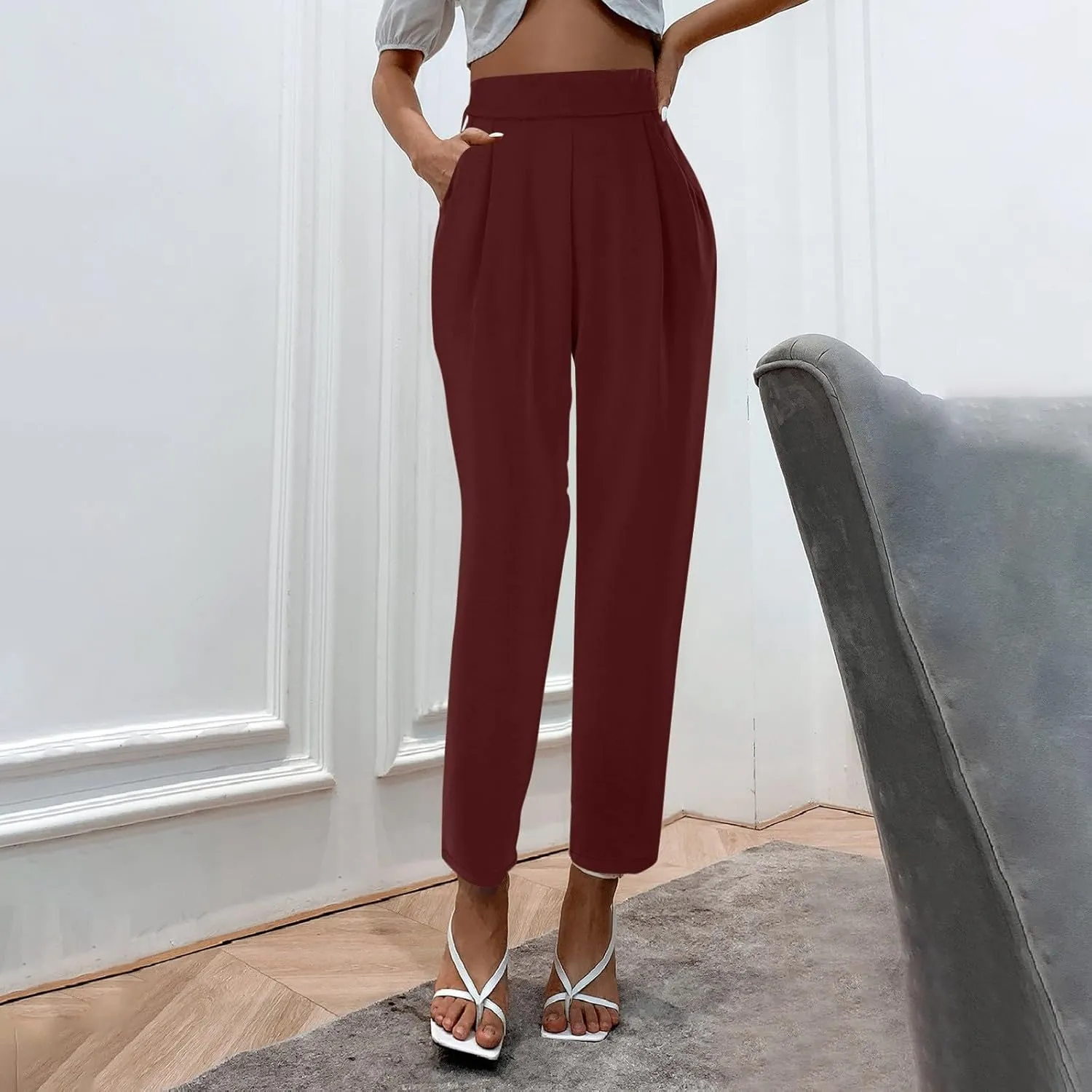 Womens Casual Pants High Waisted Satin Silk Stretchy Loose Office Slacks Wide Leg Lounge Work Trousers with Pockets
