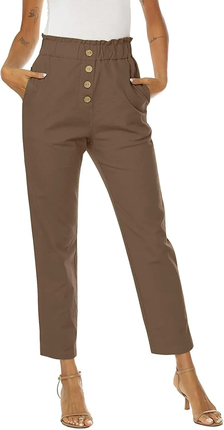 Womens Casual Pants High Waisted Work Pants Elastic High Waist Cropped Pant Business Office Pencil Pant with Pockets