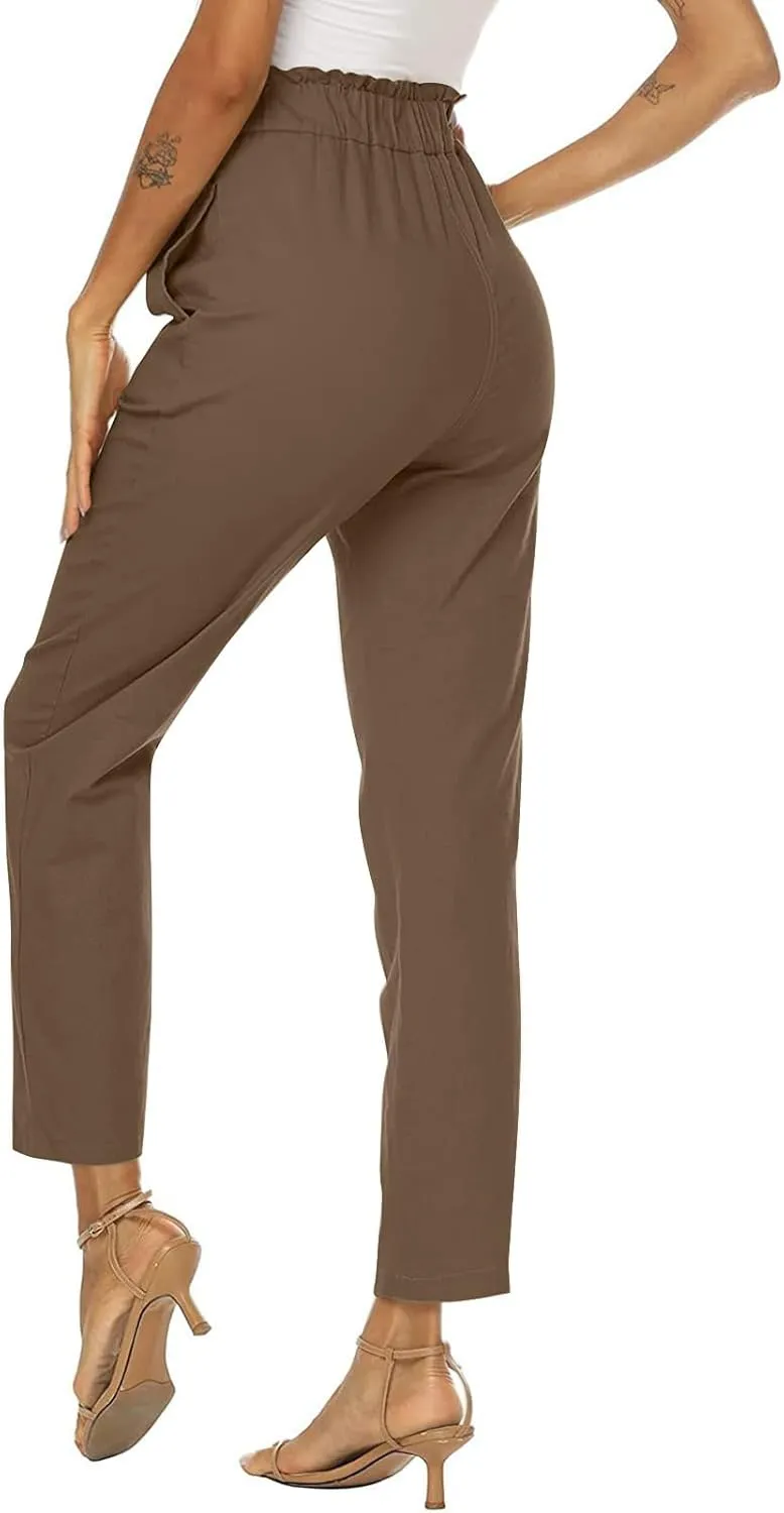 Womens Casual Pants High Waisted Work Pants Elastic High Waist Cropped Pant Business Office Pencil Pant with Pockets