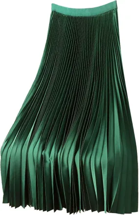 Womens Casual Solid Satin Pleated Skirt Lightweight Smooth Soft Mid Skirts Plus Size Versatile Elastic High Waist Skirt