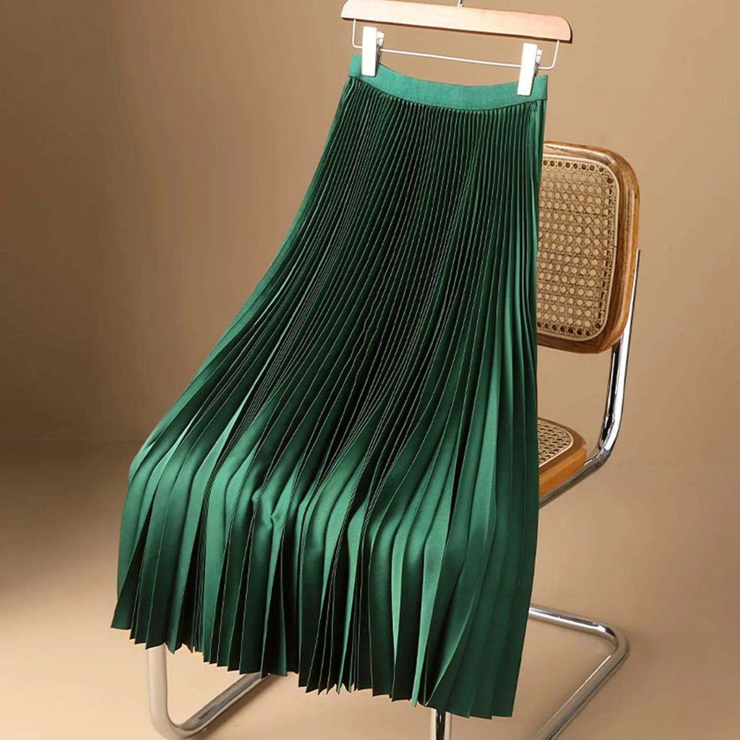 Womens Casual Solid Satin Pleated Skirt Lightweight Smooth Soft Mid Skirts Plus Size Versatile Elastic High Waist Skirt