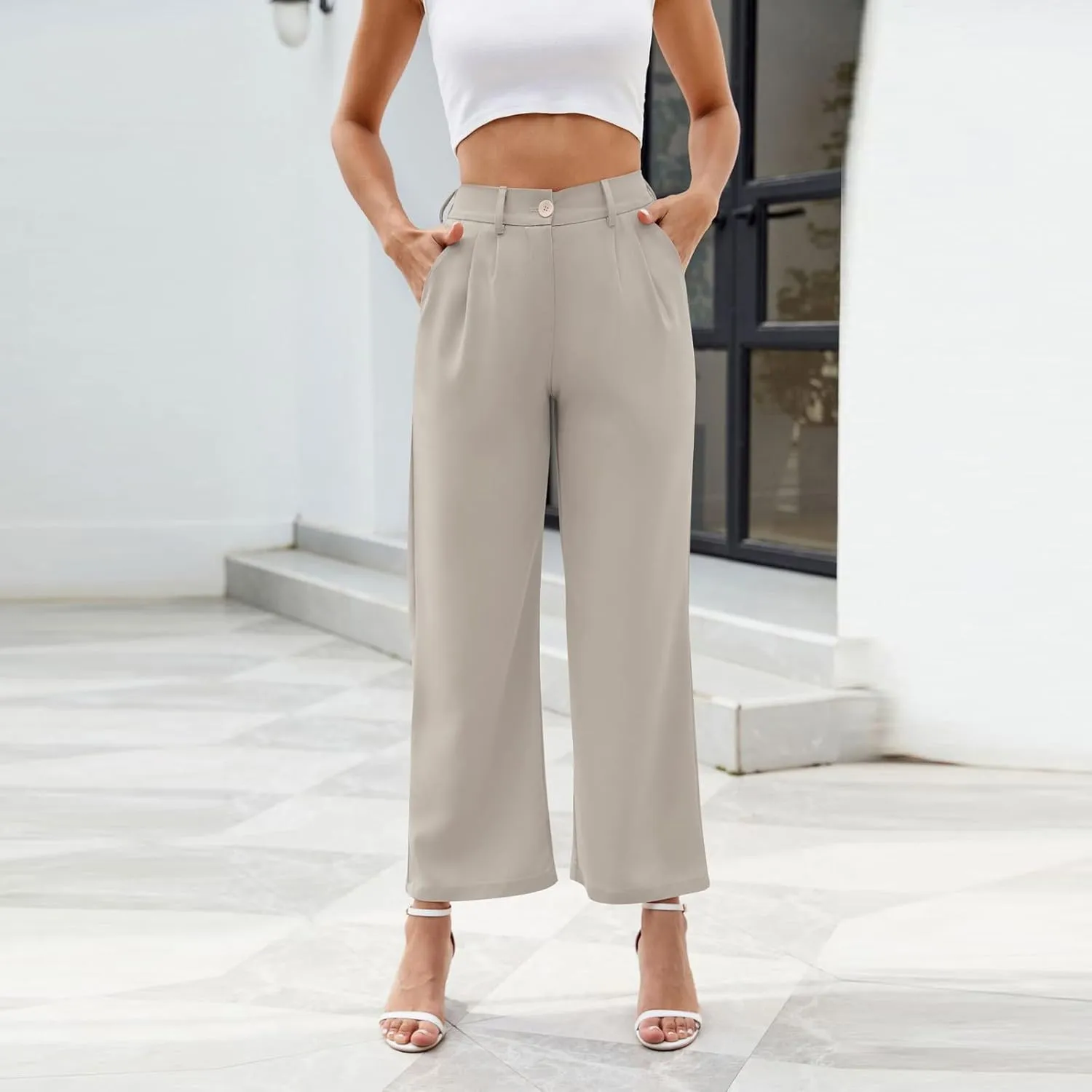 Womens Casual Suit Pants Tummy Control Business Office Dress Pants High Waist Work Straight Leg Trousers Elastic Slacks