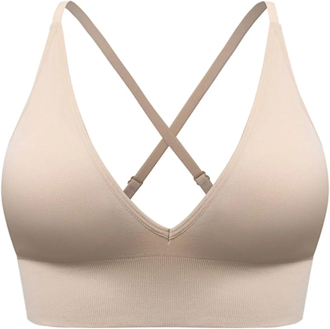 Womens Comfortable Wirefree Bras V Neck Thin Strap Seamless Bralettes Beauty Back Full Coverage Solid Camisole Bra