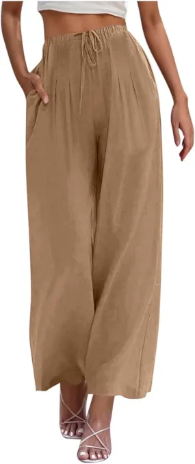 Womens Cotton Linen Palazzo Pants Twist Knot Elastic Waist Casual Solid Color Wide Leg Trousers with Pockets 2025