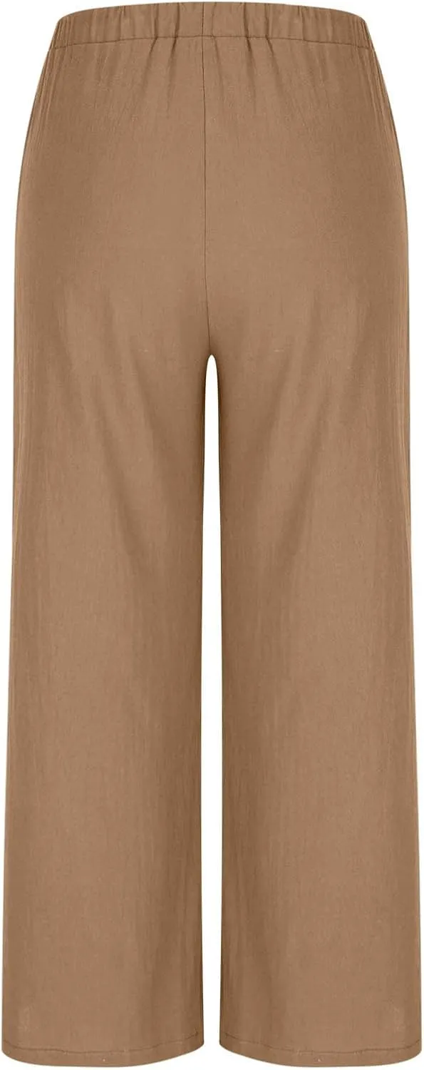 Womens Cotton Linen Palazzo Pants Twist Knot Elastic Waist Casual Solid Color Wide Leg Trousers with Pockets 2025