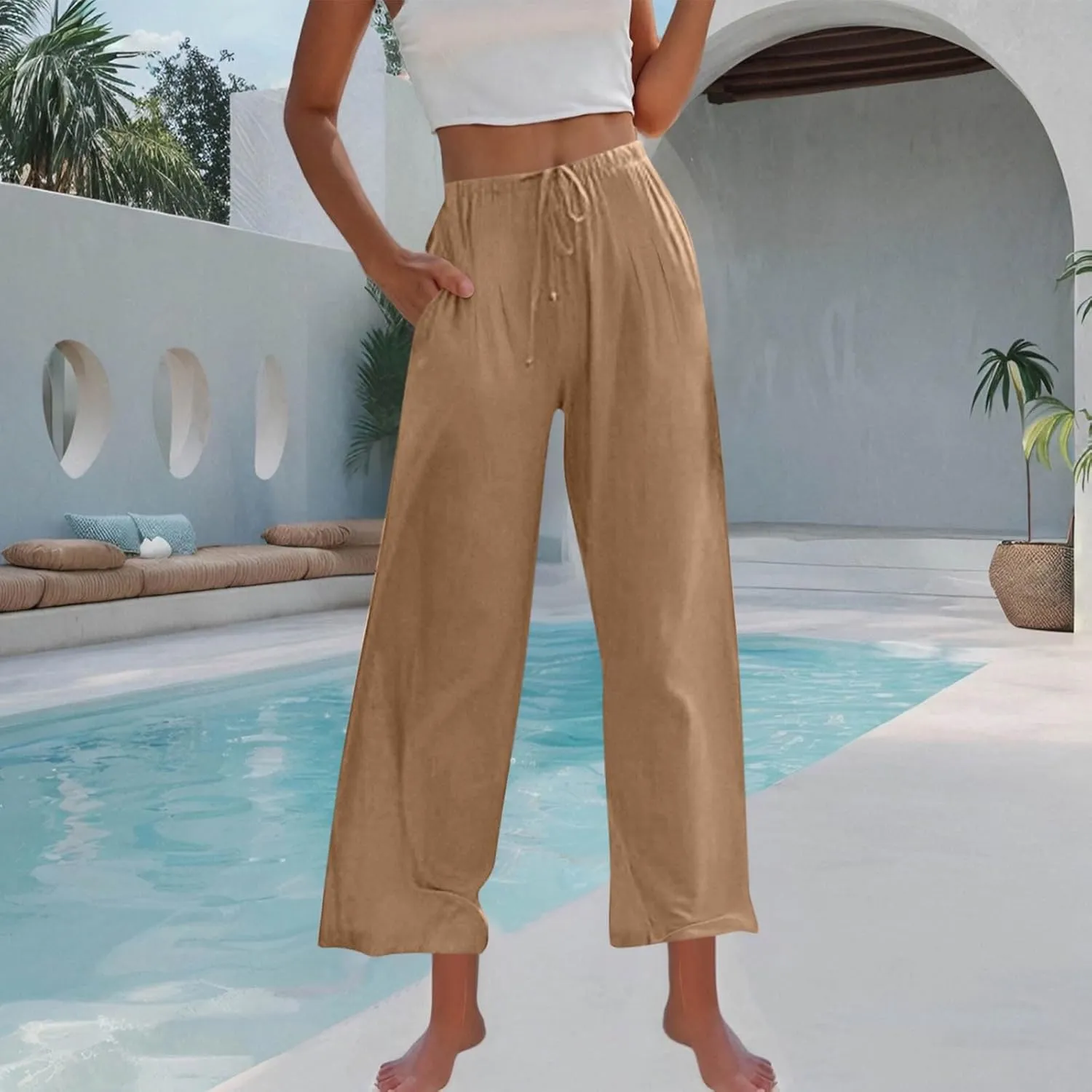 Womens Cotton Linen Palazzo Pants Twist Knot Elastic Waist Casual Solid Color Wide Leg Trousers with Pockets 2025