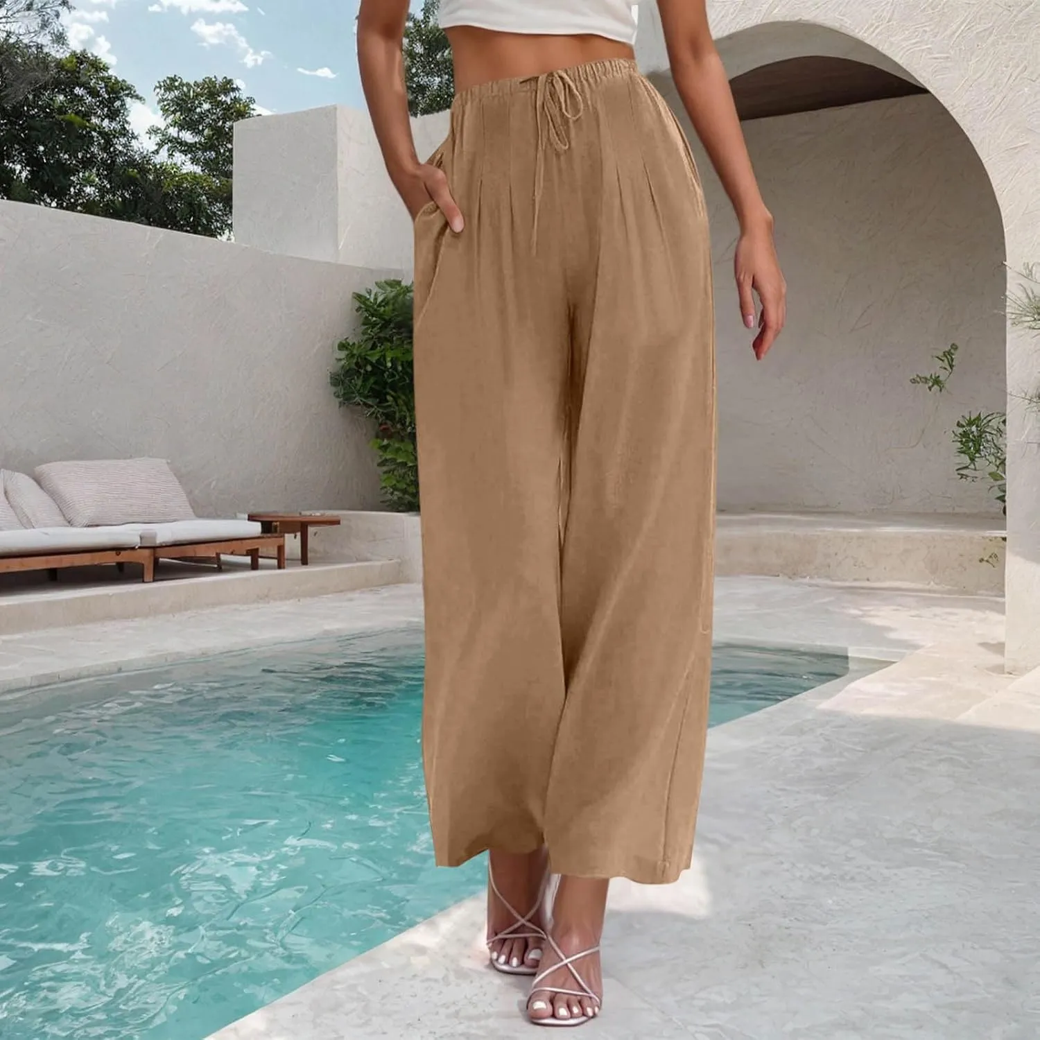 Womens Cotton Linen Palazzo Pants Twist Knot Elastic Waist Casual Solid Color Wide Leg Trousers with Pockets 2025
