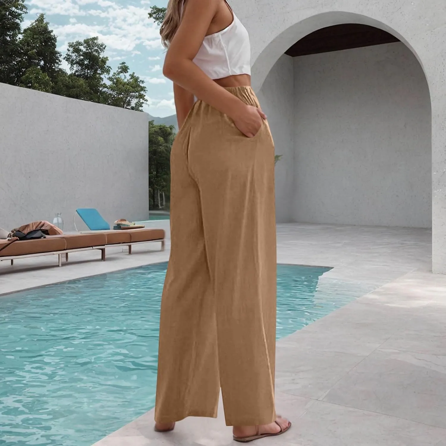 Womens Cotton Linen Palazzo Pants Twist Knot Elastic Waist Casual Solid Color Wide Leg Trousers with Pockets 2025