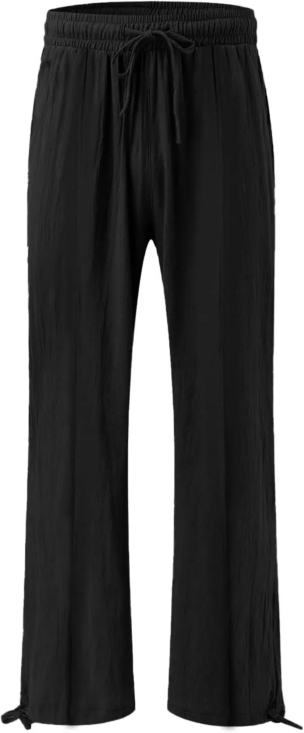 Womens Cotton Linen Pants Elastic High Waisted Beach Trousers Casual Lounge Boho Flowy Pants with Pockets