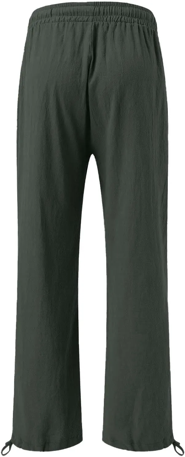 Womens Cotton Linen Pants Elastic High Waisted Beach Trousers Casual Lounge Boho Flowy Pants with Pockets