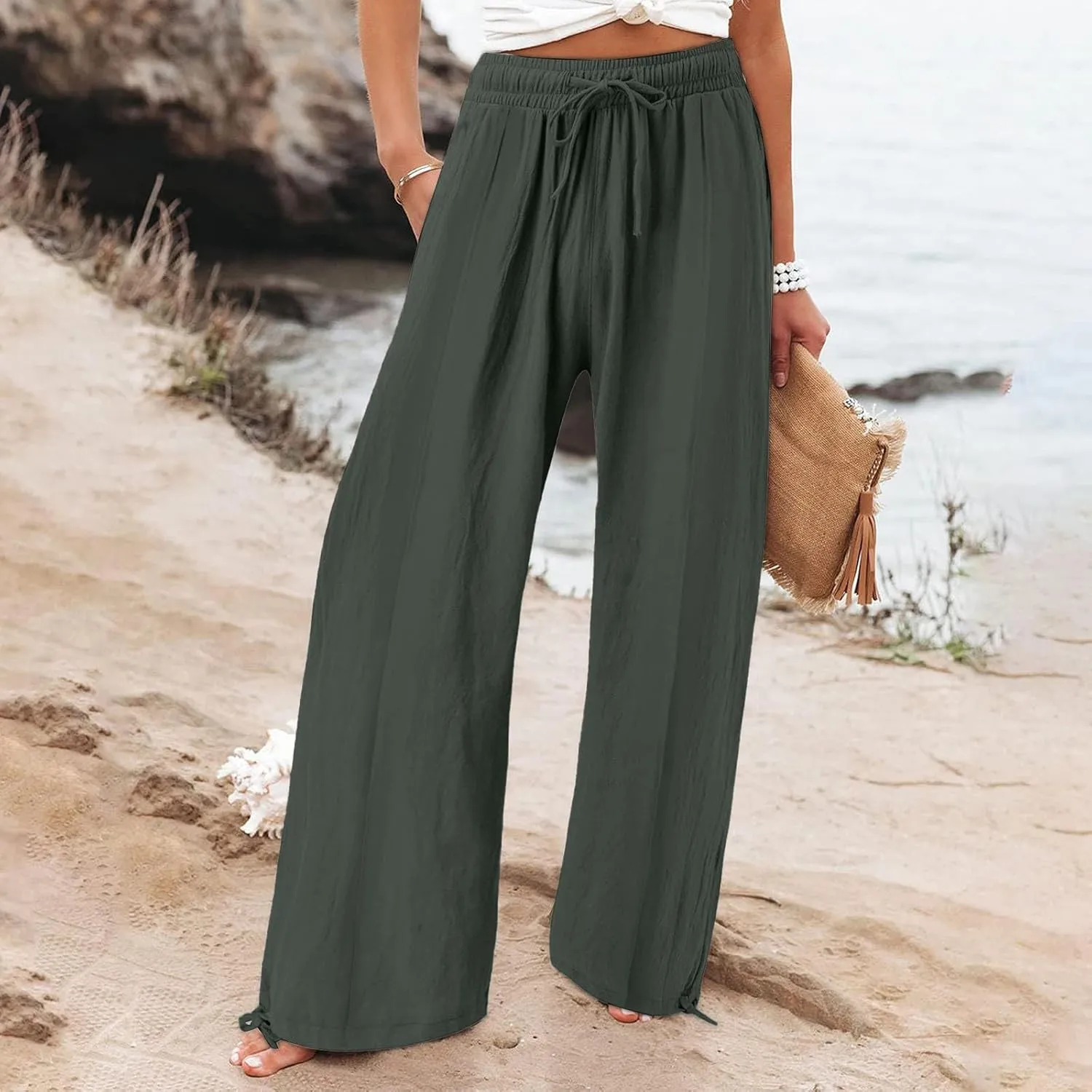 Womens Cotton Linen Pants Elastic High Waisted Beach Trousers Casual Lounge Boho Flowy Pants with Pockets