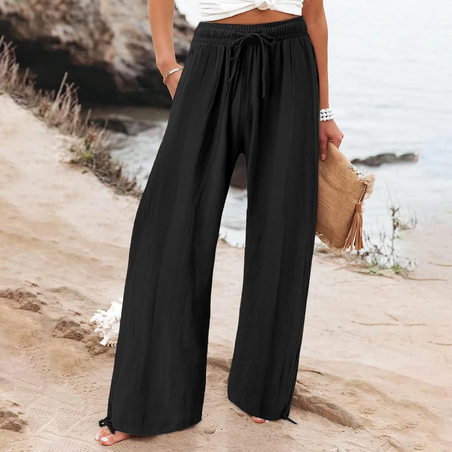 Womens Cotton Linen Pants Elastic High Waisted Beach Trousers Casual Lounge Boho Flowy Pants with Pockets