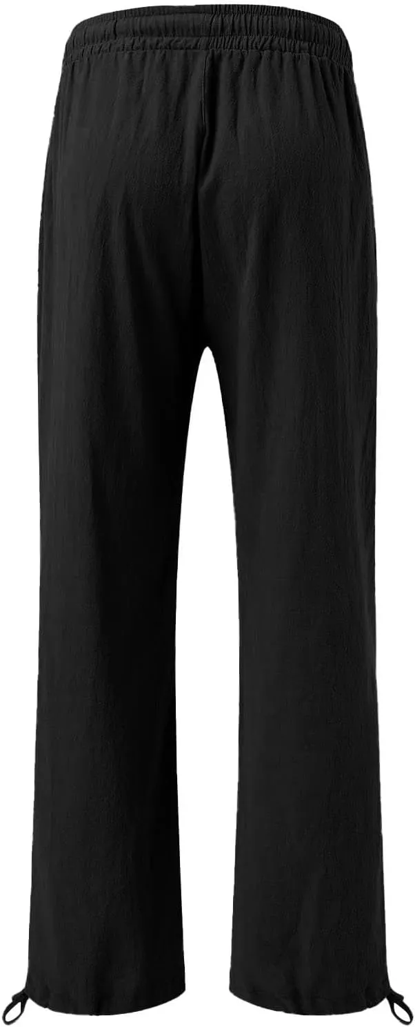 Womens Cotton Linen Pants Elastic High Waisted Beach Trousers Casual Lounge Boho Flowy Pants with Pockets