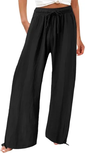 Womens Cotton Linen Pants Elastic High Waisted Beach Trousers Casual Lounge Boho Flowy Pants with Pockets