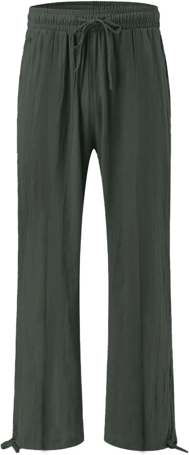 Womens Cotton Linen Pants Elastic High Waisted Beach Trousers Casual Lounge Boho Flowy Pants with Pockets