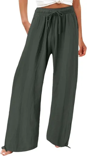 Womens Cotton Linen Pants Elastic High Waisted Beach Trousers Casual Lounge Boho Flowy Pants with Pockets