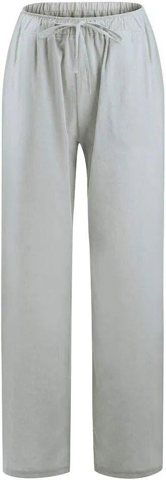 Womens Cotton Linen Pants Elastic High Waisted Casual Solid Drawstring Wide Leg Trousers Comfy Summer Beach Pant