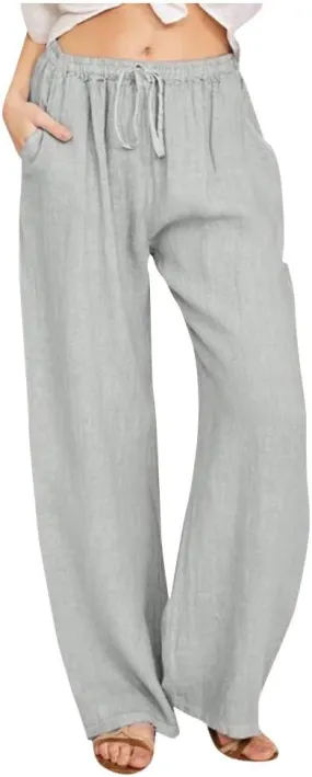 Womens Cotton Linen Pants Elastic High Waisted Casual Solid Drawstring Wide Leg Trousers Comfy Summer Beach Pant