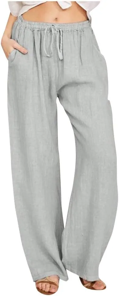 Womens Cotton Linen Pants Elastic High Waisted Casual Solid Drawstring Wide Leg Trousers Comfy Summer Beach Pant