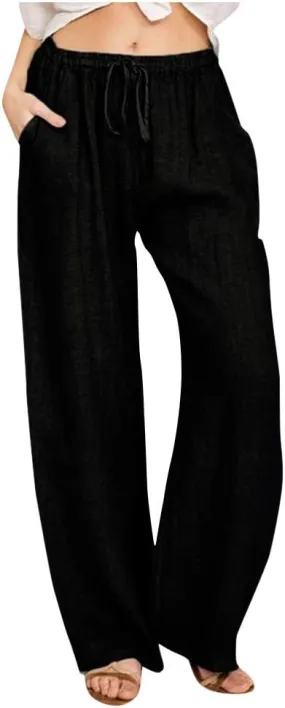 Womens Cotton Linen Pants Elastic High Waisted Casual Solid Drawstring Wide Leg Trousers Comfy Summer Beach Pant