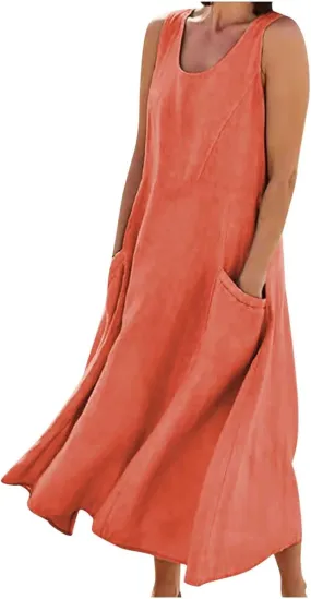 Womens Cotton Linen Sleeveless Maxi Dress Summer Flowy Dresses with Pockets Maxi Sundresses Beach Vacation Outfits